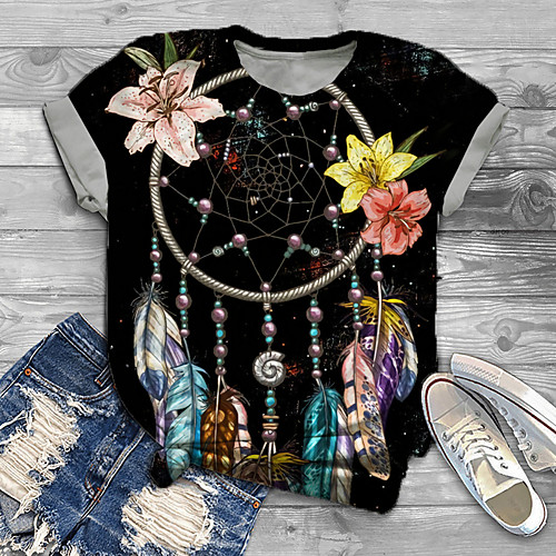 

Women's Plus Size Tops T shirt Floral Graphic Print Short Sleeve Crewneck Basic Black Big Size XL XXL 3XL 4XL 5XL / Holiday