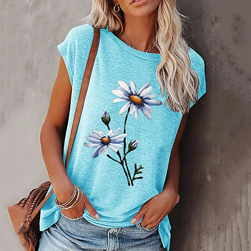 

Women's T shirt Floral Print Round Neck Tops Basic Basic Top White Black Blue