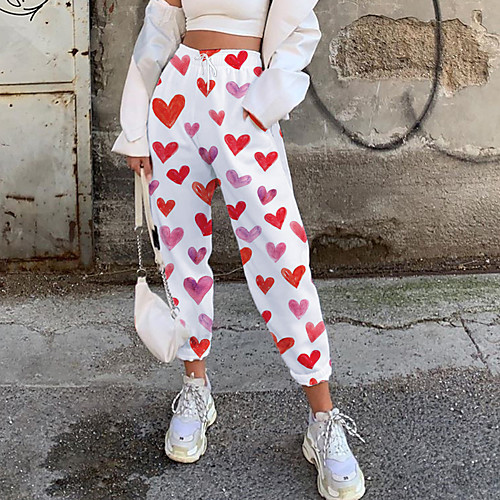 

Women's Fashion Casual / Sporty Comfort Fitness Weekend Sweatpants Pants Heart Full Length Pocket Elastic Drawstring Design Print White