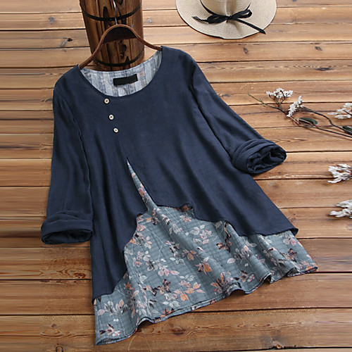 

Women's Plus Size Tops Blouse Shirt Floral Patchwork Long Sleeve Round Neck Casual / Daily Light Blue Navy Light Green Big Size XL 2XL 3XL 4XL 5XL