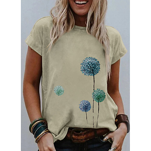 

Women's Going out Floral Theme T shirt Graphic Dandelion Flower Print Round Neck Basic Tops Light Green