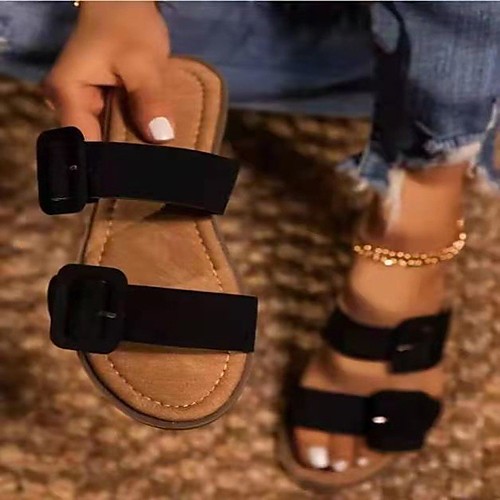 

Women's Sandals Outdoor Slippers Flat Heel Round Toe PU Buckle Solid Colored Dark Brown White Black