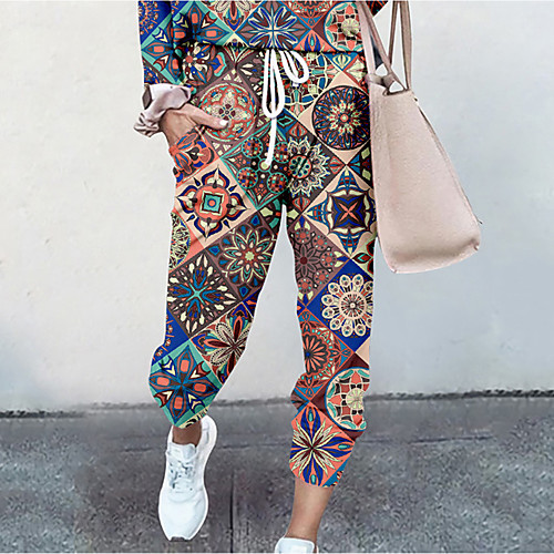 

Women's Basic Soft Comfort Daily Home Jogger Pants Geometric Pattern Color Block Full Length Elastic Drawstring Design Print Purple Wine Fuchsia Orange Green