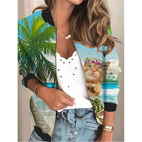 

Women's Jacket Daily Fall Spring Regular Coat V Neck Regular Fit Sporty Casual Jacket Long Sleeve Plants Print Green / Holiday