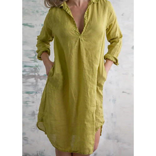 

Women's Shirt Dress Knee Length Dress Dark Gray Light Green Long Sleeve Solid Color Fall Summer Shirt Collar Elegant Casual 2021 S M L XL XXL