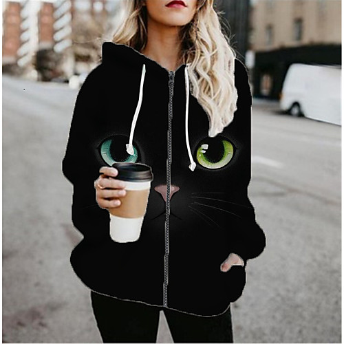 

Women's Jacket Daily Fall Spring Regular Coat Regular Fit Casual Jacket Long Sleeve Cat Print Black / Holiday