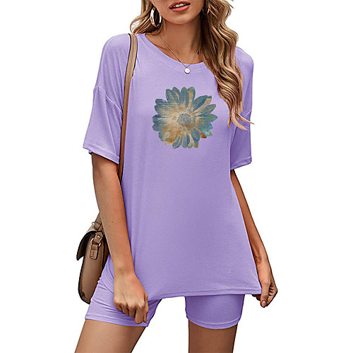 

Women's Basic Streetwear Floral Vacation Casual / Daily Two Piece Set Crew Neck Tracksuit T shirt Loungewear Biker Shorts Print Tops