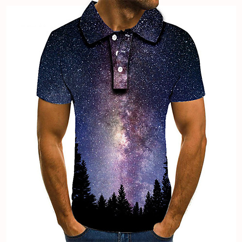 

Men's Golf Shirt Tennis Shirt 3D Print Graphic Prints Tree Starry Sky Button-Down Short Sleeve Street Tops Casual Fashion Cool Blue / Sports