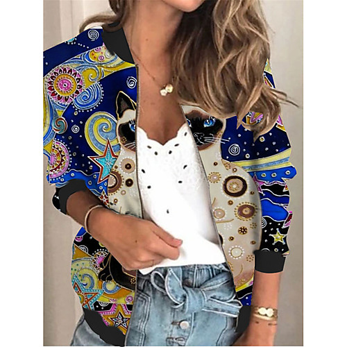 

Women's Jacket Daily Fall Spring Regular Coat V Neck Regular Fit Sporty Casual Jacket Long Sleeve Cat Print Blue / Holiday