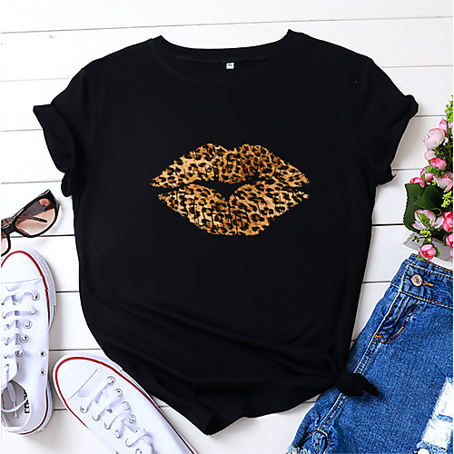 

Women's T shirt Leopard Print Round Neck Basic Tops 100% Cotton White Black Red