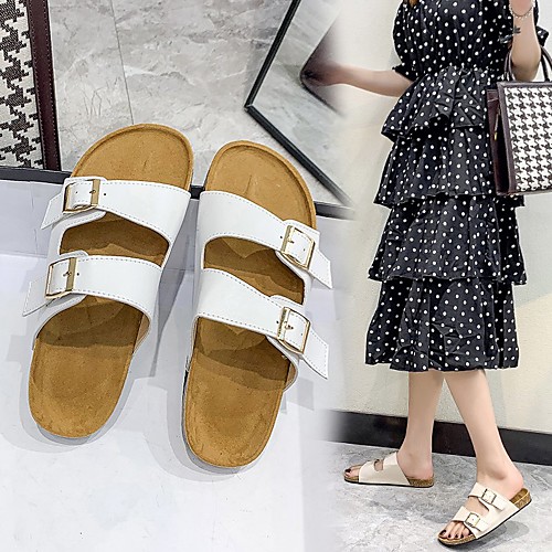 

Women's Sandals Flat Heel Round Toe PU Buckle Solid Colored White Black Beige