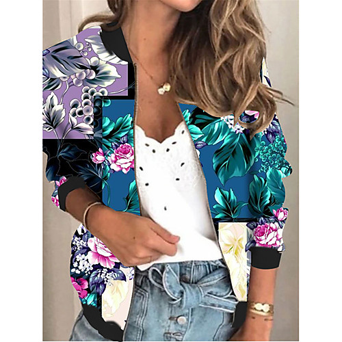 

Women's Jacket Daily Fall Spring Regular Coat V Neck Regular Fit Sporty Casual Jacket Long Sleeve Floral Print Green / Holiday