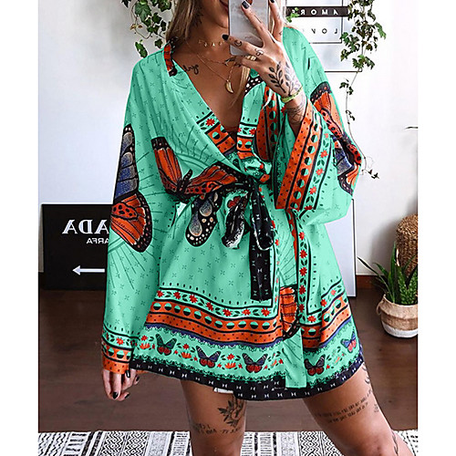 

Women's Wrap Dress Short Mini Dress Blue Green White Long Sleeve Animal Lace up Print Spring Summer V Neck Elegant Casual 2021 S M L XL