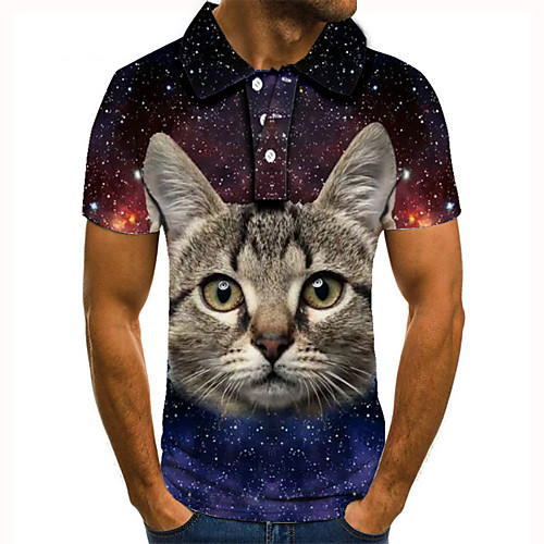 

Men's Golf Shirt Tennis Shirt 3D Print Cat Animal Button-Down Short Sleeve Street Tops Casual Fashion Cool Blue / Sports