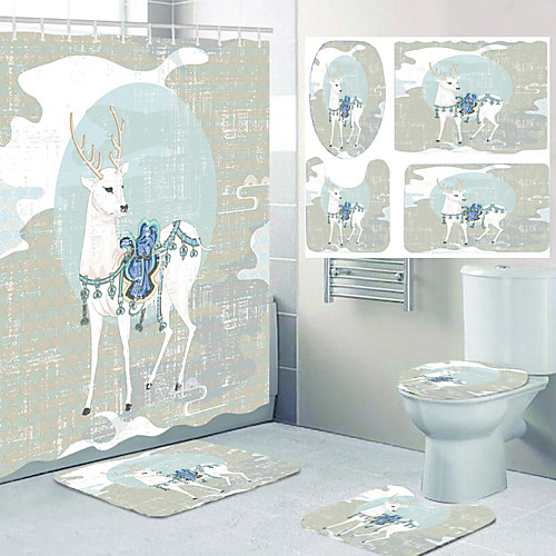 

Four-piece Set of Waterproof Shower Curtain and Hook Cushion for Bathroom Casual Decoration