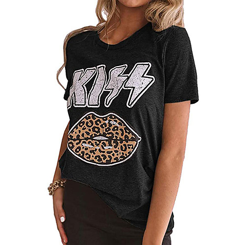 

Women's T shirt Leopard Mouth Letter Print Round Neck Tops Cotton Rock Basic Top White Black Blushing Pink