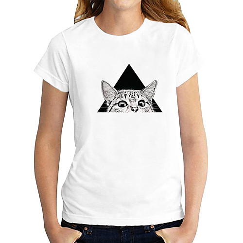 

Women's T shirt Cat Graphic Geometric Print Round Neck Tops 100% Cotton Basic Basic Top White