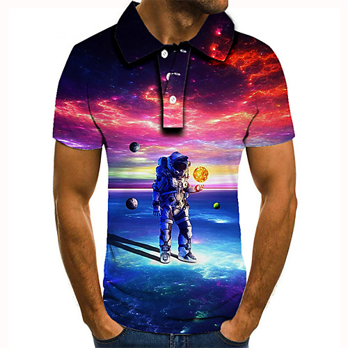 

Men's Golf Shirt Tennis Shirt 3D Print Graphic Prints Astronaut Button-Down Short Sleeve Street Tops Casual Fashion Cool Rainbow / Sports