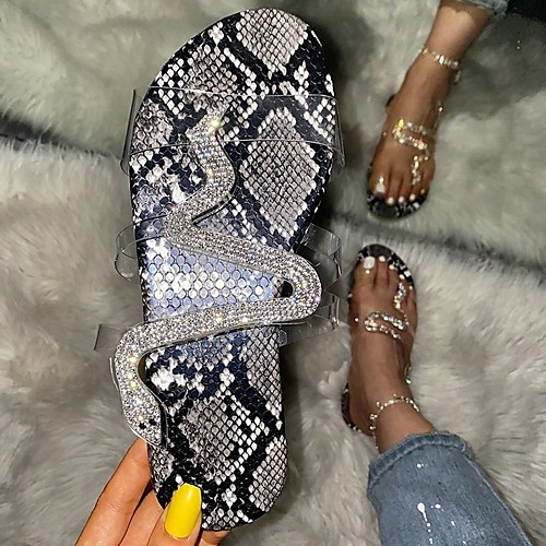 

Women's Sandals Flat Heel Round Toe PU Sparkling Glitter Snake Black Red Green