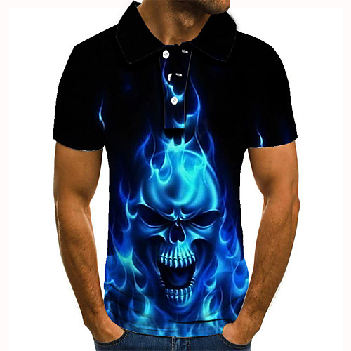 

Men's Golf Shirt 3D Print Graphic Prints Skull Flame Button-Down Short Sleeve Street Tops Casual Fashion Cool Blue / Sports
