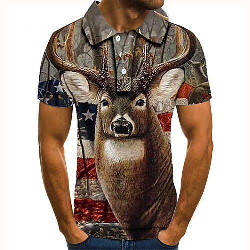 

Men's Golf Shirt Tennis Shirt 3D Print Graphic Prints Deer American Flag Button-Down Short Sleeve Street Tops Casual Fashion Cool Brown / Sports