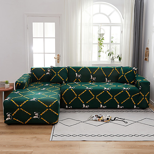 

Color Green Print Dustproof All-powerful Stretch L Shape Sofa Cover Super Soft Fabric Sofa Furniture Protector with One Free Boster Case