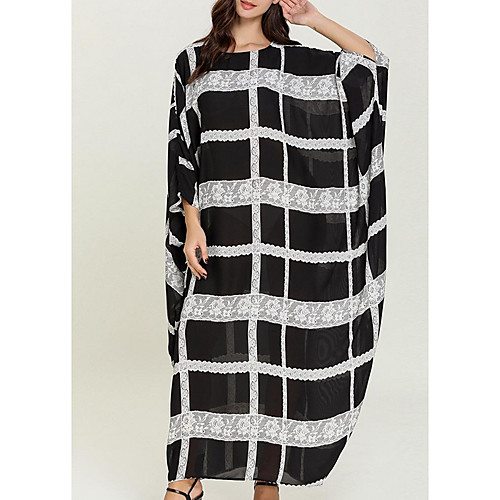 

Women's Kaftan Dress Maxi long Dress Black Long Sleeve Striped Print Summer Round Neck Casual Loose 2021 One-Size