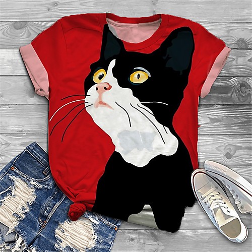 

Women's Plus Size Tops T shirt Cat Graphic Animal Print Short Sleeve Crewneck Basic Red Big Size XL XXL 3XL 4XL 5XL / Holiday