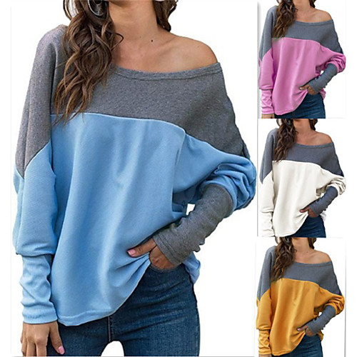 

Women's Tee / T-shirt White Blue Oversized Off Shoulder Color Block Cute Sport Athleisure T Shirt Top Long Sleeve Comfortable Everyday Use Casual Daily
