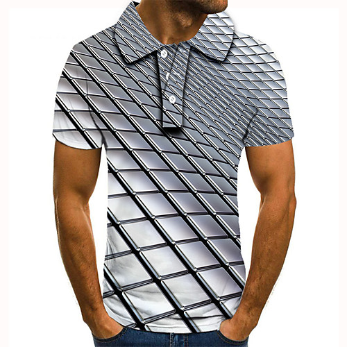

Men's Golf Shirt Tennis Shirt 3D Print Geometric Graphic Prints Button-Down Short Sleeve Street Tops Casual Fashion Cool Silver / Sports