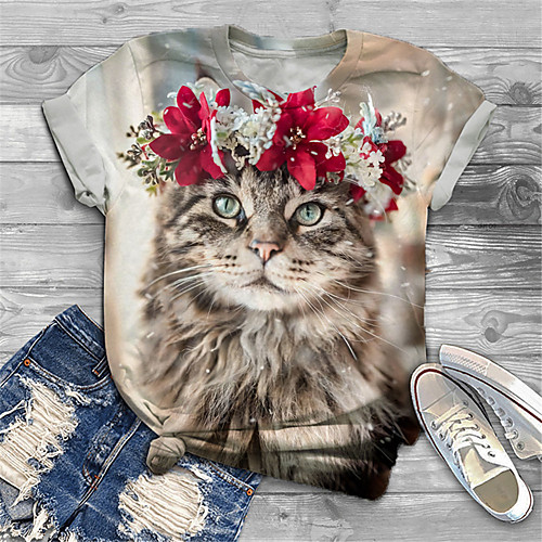 

Women's Plus Size Tops T shirt Floral Cat Graphic Print Short Sleeve Crewneck Basic Red Big Size XL XXL 3XL 4XL 5XL / Holiday