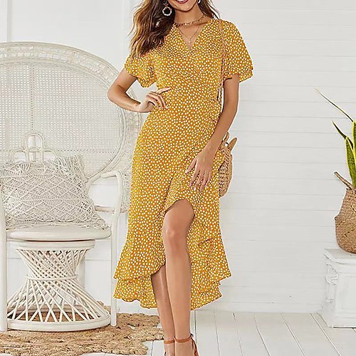 

amazon european and american cross-border new product female wave dot printing high waist lace v-neck chiffon large irregular dress