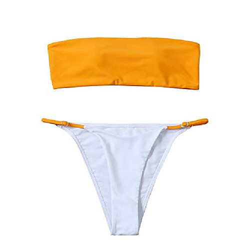 

shein women's colorblock 2 pieces bandeau bikini set off shouder padded sexy thong bathing suit yellow and white large