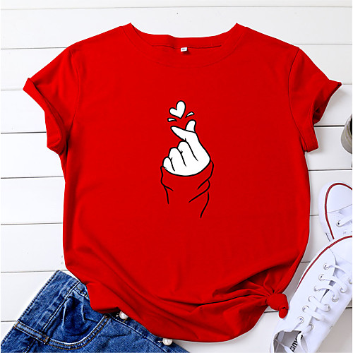 

Women's T shirt Heart Print Round Neck Basic Tops 100% Cotton Yellow Blushing Pink Wine