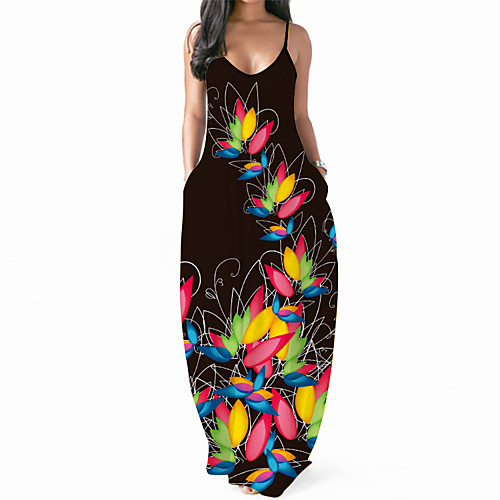 

2021 cross-border source wish european and american new women's digital printing sexy v-neck long dress suspender dress