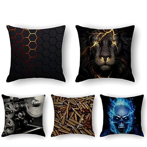 

Cushion Cover 5PC Faux Linen Soft Decorative Square Throw Pillow Cover Cushion Case Pillowcase for Sofa Bedroom 45 x 45 cm (18 x 18 Inch) Superior Quality Machine Washable Lion Horn Skull