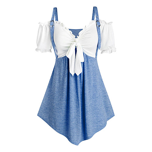 

Women's Plus Size Tops T shirt Color Block Drawstring Bow V Neck Summer Big Size L XL 2XL 3XL 4XL / Puff Sleeve