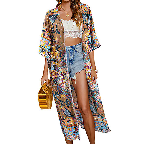 

Women's Trench Coat Daily Summer Maxi Coat Loose Boho Jacket Half Sleeve Print Print Red / Holiday