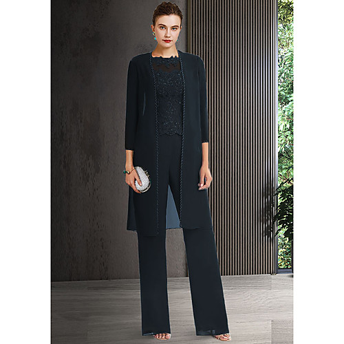 

Pantsuit / Jumpsuit Mother of the Bride Dress Elegant Jewel Neck Ankle Length Chiffon Lace 3/4 Length Sleeve with Appliques 2021