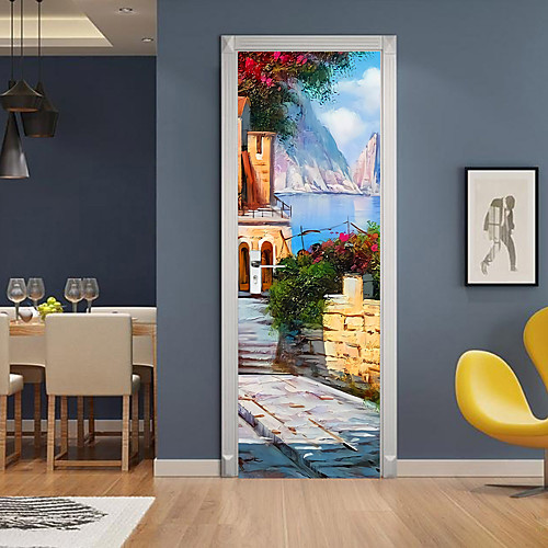 

Oil Painting Style 2pcs Self-adhesive Creative Lakeside Courtyard Door Stickers For Living Room Diy Decoration Home Waterproof Wall Stickers