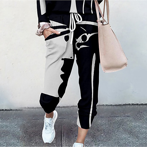 

Women's Basic Soft Comfort Daily Home Jogger Pants Geometric Pattern Color Block Full Length Elastic Drawstring Design Print Blue Gray Red