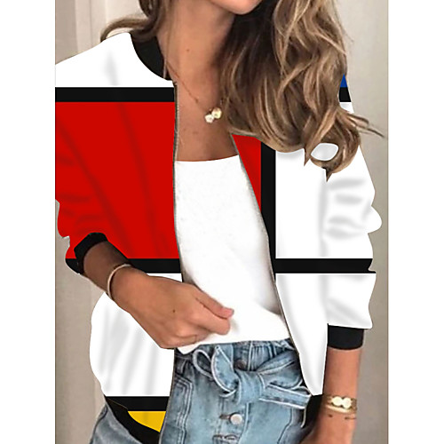 

Women's Jacket Daily Fall Spring Regular Coat Regular Fit Casual Jacket Long Sleeve Geometric Print Red