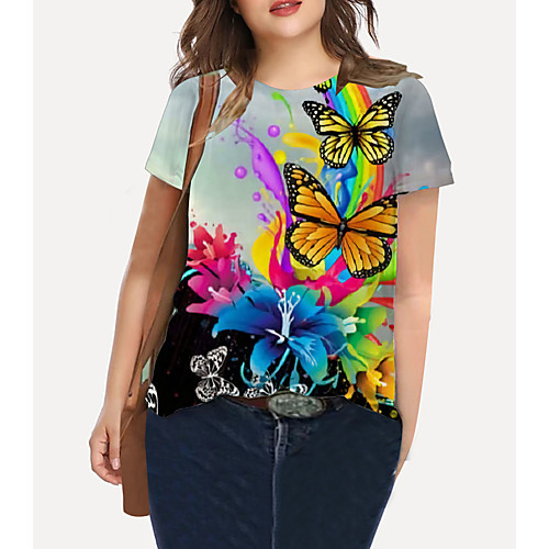 

Women's Plus Size Tops T shirt Floral Graphic Butterfly Print Short Sleeve Crewneck Basic LightBlue Big Size XL XXL 3XL 4XL 5XL / Holiday / Going out