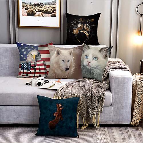 

Cushion Cover 5PC Faux Linen Soft Decorative Square Throw Pillow Cover Cushion Case Pillowcase for Sofa Bedroom 45 x 45 cm (18 x 18 Inch) Superior Quality Machine Washable Eagle Fox Cat