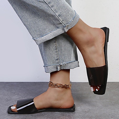 

Women's Sandals Flat Heel Square Toe PU Color Block Light Yellow Black Orange