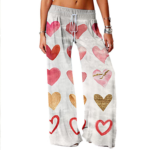 

Women's Basic Soft Comfort Daily Home Chinos Pants Graphic Heart Full Length Elastic Drawstring Design Print White