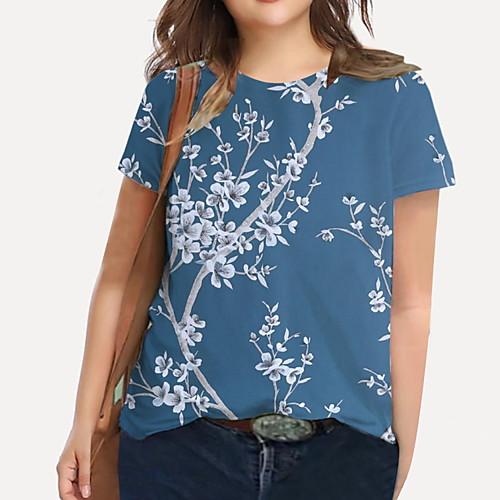 

Women's Plus Size Tops T shirt Floral Graphic Print Short Sleeve Crewneck Basic Blue Big Size XL XXL 3XL 4XL 5XL