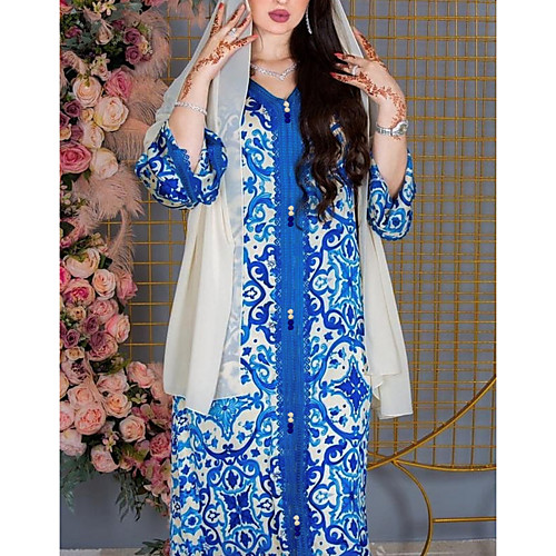 

Women's Kaftan Dress Maxi long Dress Blue Long Sleeve Print Solid Color Patchwork Summer Round Neck Casual 2021 S M L XL XXL