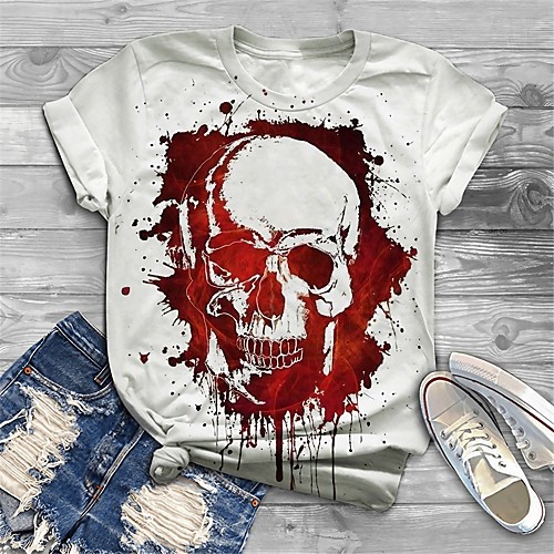 

Women's Plus Size Tops T shirt Graphic Skull Print Short Sleeve Crewneck Basic White Big Size XL XXL 3XL 4XL 5XL / Holiday