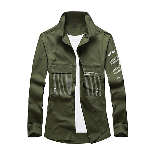 

Men's Shirt Letter Button-Down Long Sleeve Casual Tops 100% Cotton Basic Casual Comfortable Black Army Green Khaki